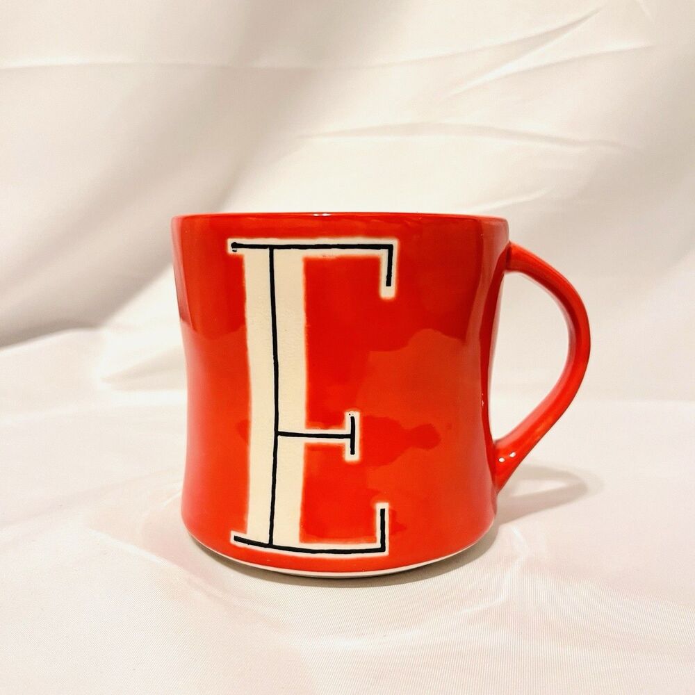 Anthropologie Hand Painted Red White Monogram Letter E Ceramic Coffee Mug Cup
